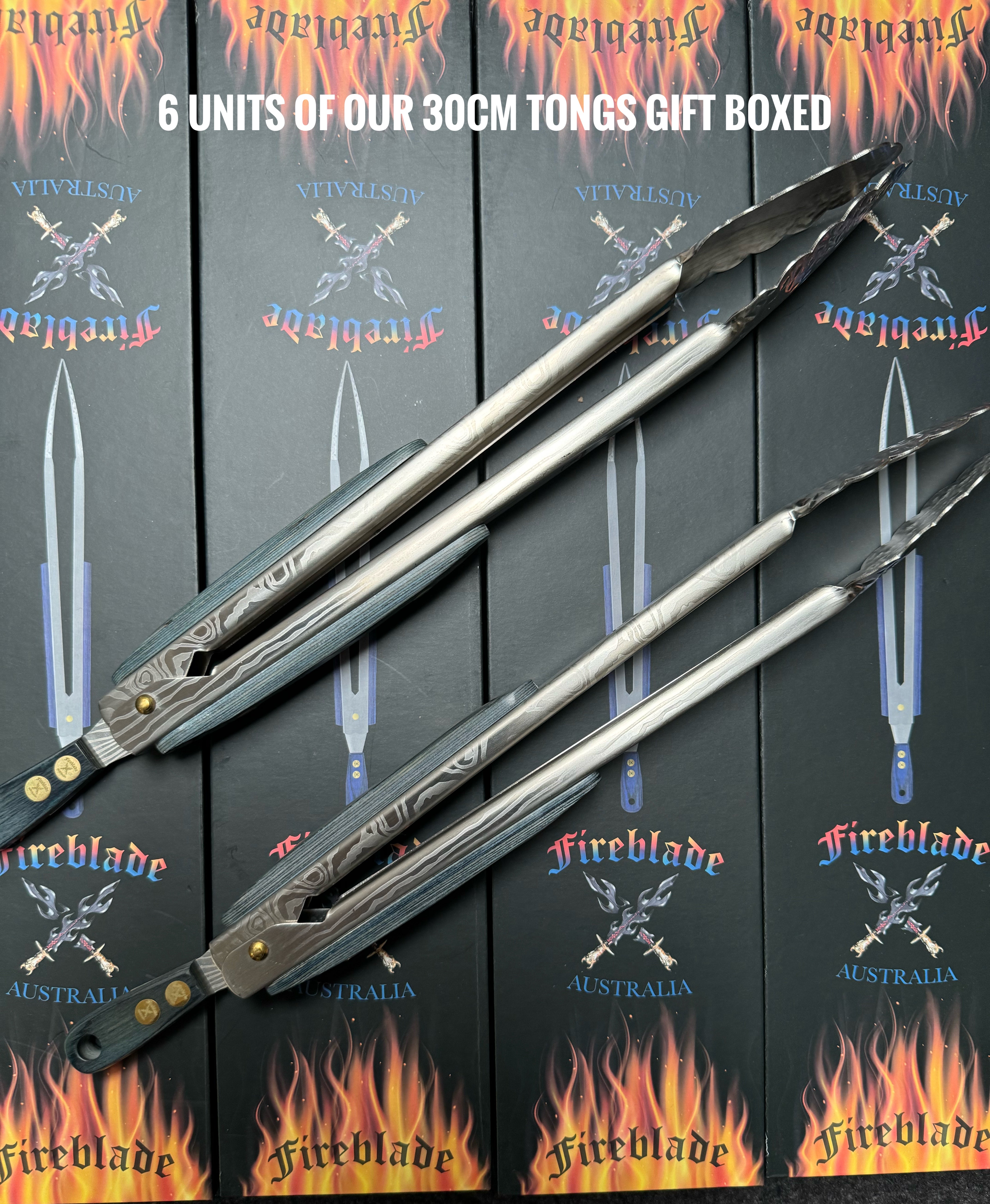 6 units of our 30 cm Damascus Finish Tongs with Pakka Wood Grip