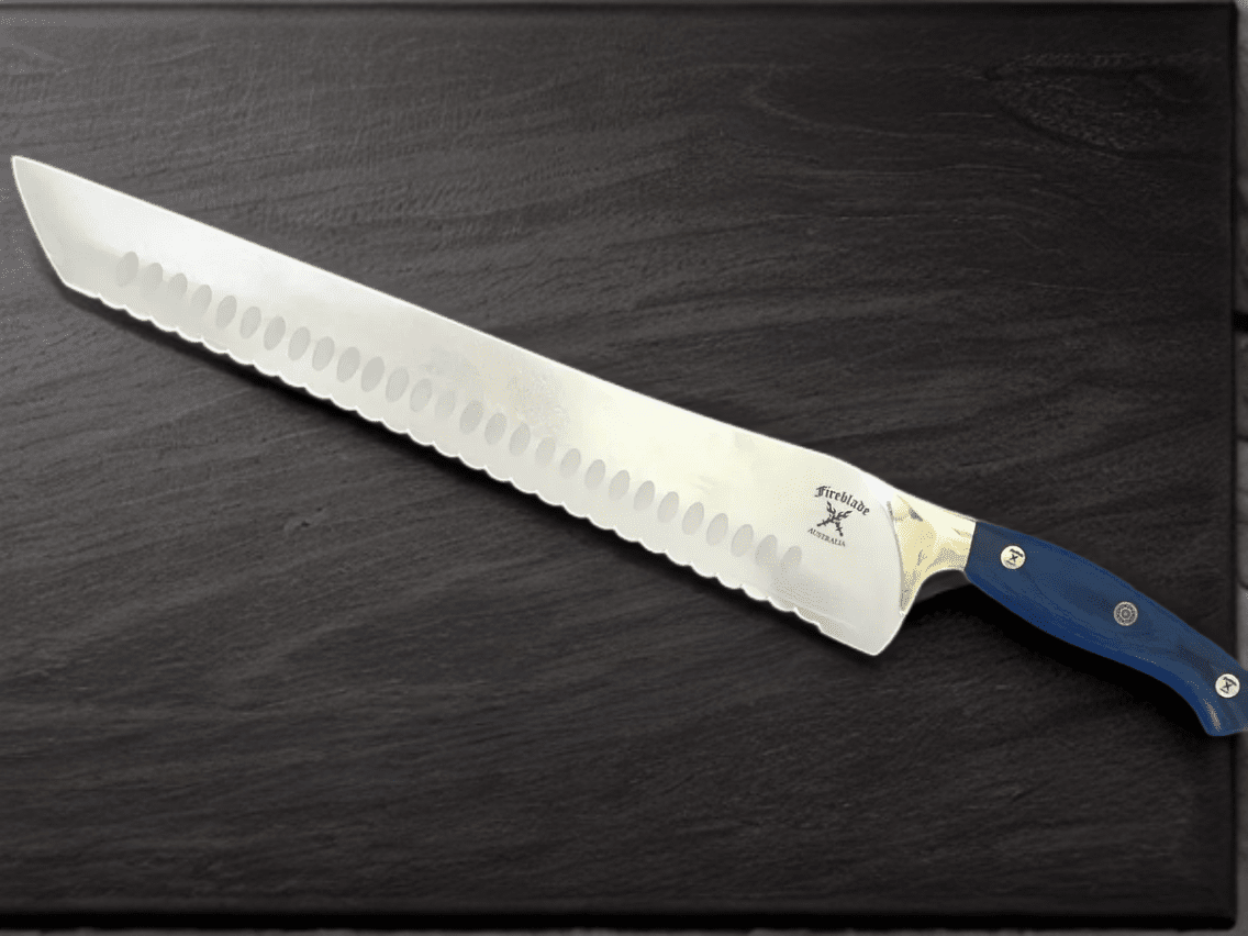 14 inch “Katana” slicing knife Serated edge CHERRY RED or ICE BLUE HANDLES