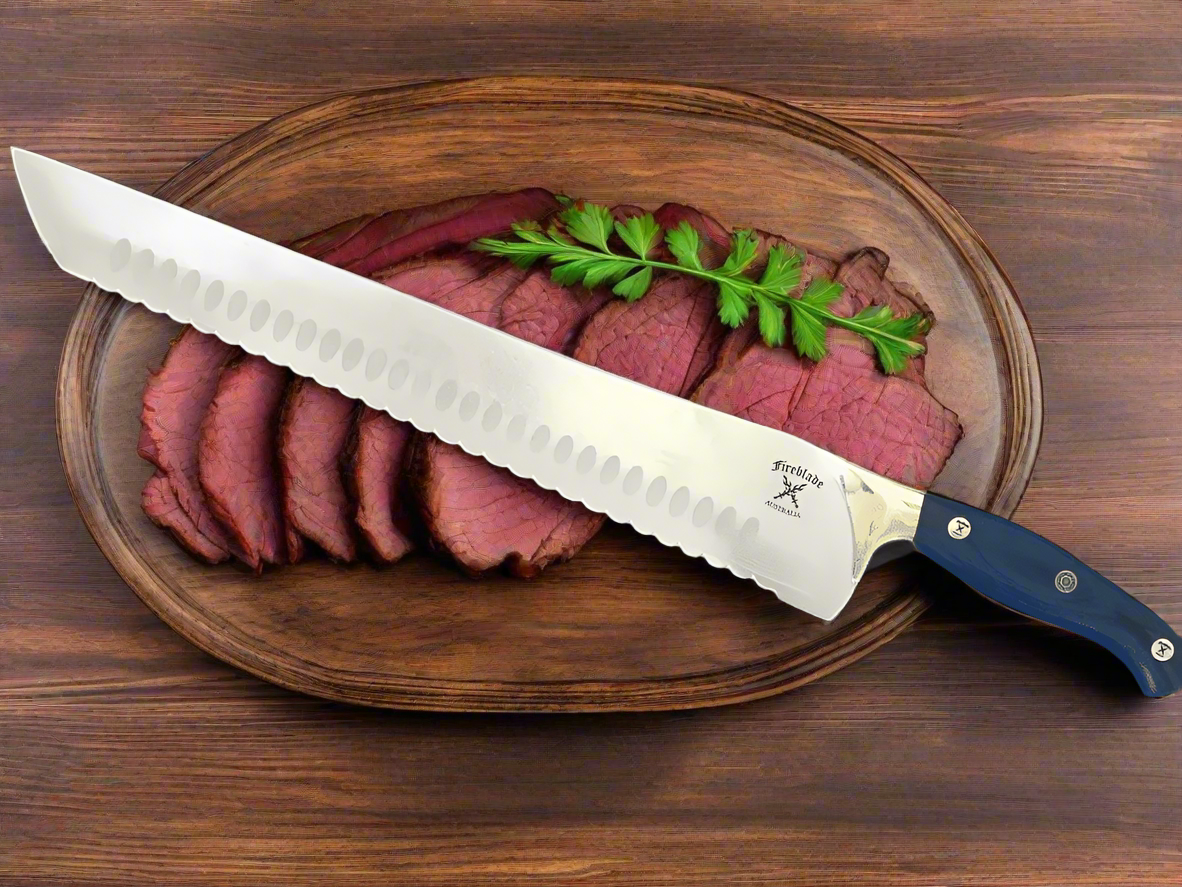 14 inch “Katana” slicing knife Serated edge CHERRY RED or ICE BLUE HANDLES