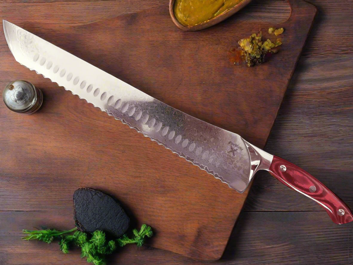 14 inch “Katana” slicing knife Serated edge CHERRY RED or ICE BLUE HANDLES