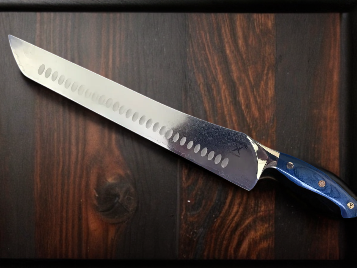 14 inch “Katana” slicing knife RAZOR edge CHERRY RED or ICE BLUE HANDLES
