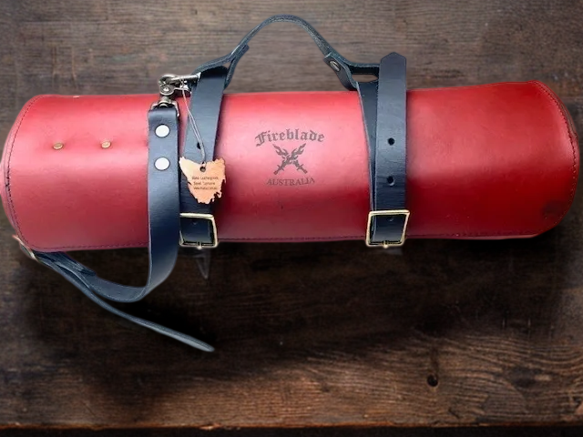 10 Knives Cherry Red Handles plus Matching Red Leather Knife Roll & Tools