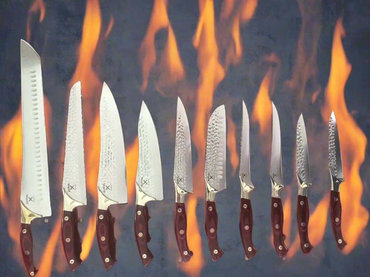 10 Knives Cherry Red Handles plus Matching Red Leather Knife Roll & Tools