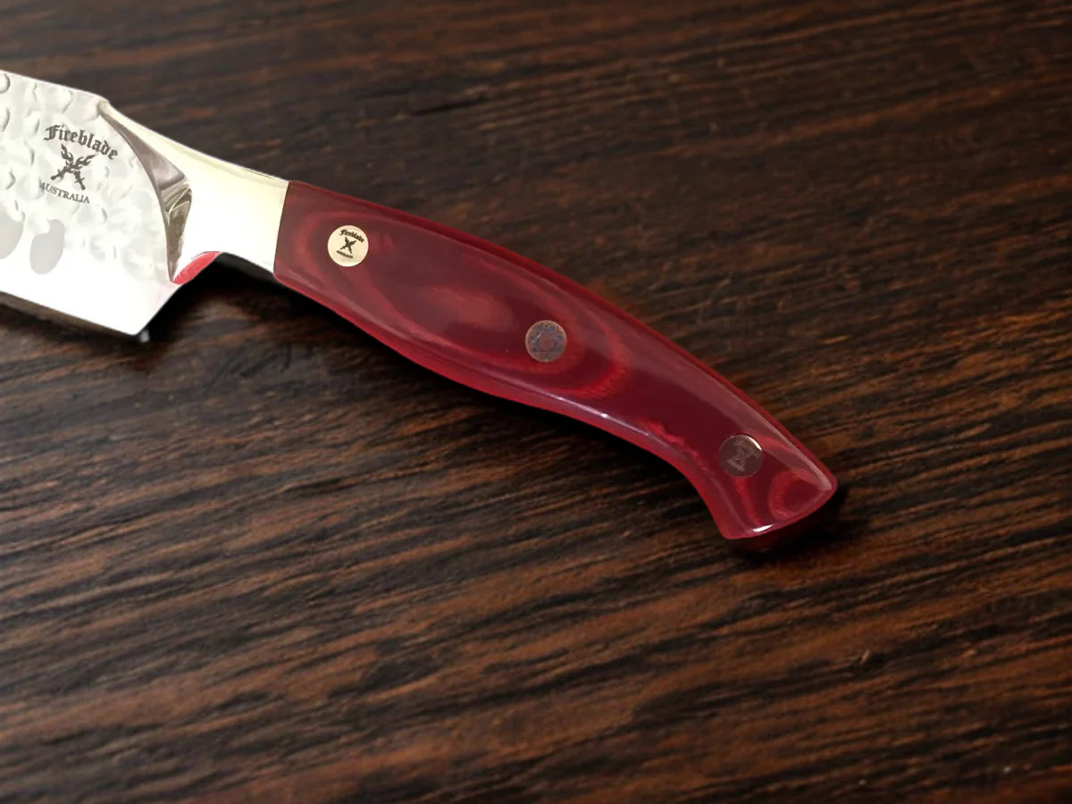 10 Knives Cherry Red Handles plus Matching Red Leather Knife Roll & Tools