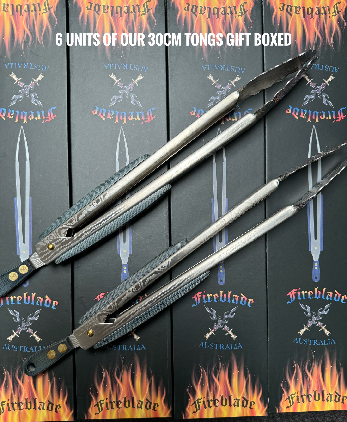 6x 30 cm Damascus Tongs with Pakka Wood Grip