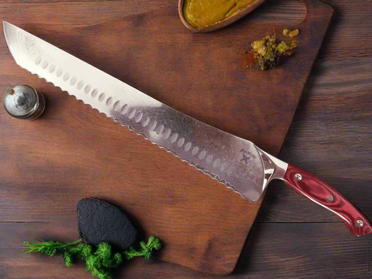 14 inch “Katana” slicing knife Serated edge CHERRY RED or ICE BLUE HANDLES